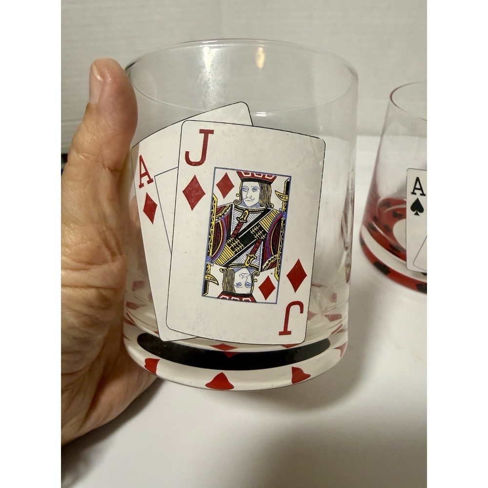 Set Of 3 Black Jack Poker Playing Card Themed Lowball Whiskey Glasses